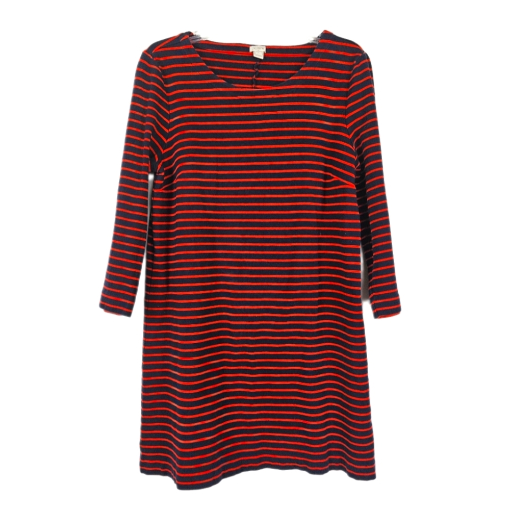J Crew Large Dress Above Knee Navy Blue Red Stripe Long Sleeve Round Neck